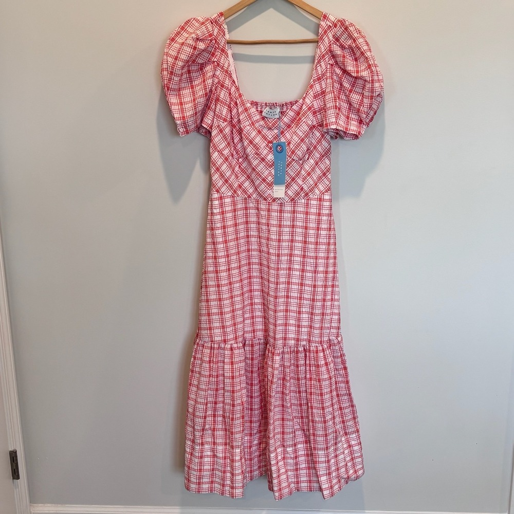Tanya Taylor Pink and White Plaid Puff-Sleeve Midi Dress